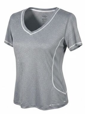 Brooks Gray White Short Sleeve Activewear Top Medium Running Athletic V Neck Tee
